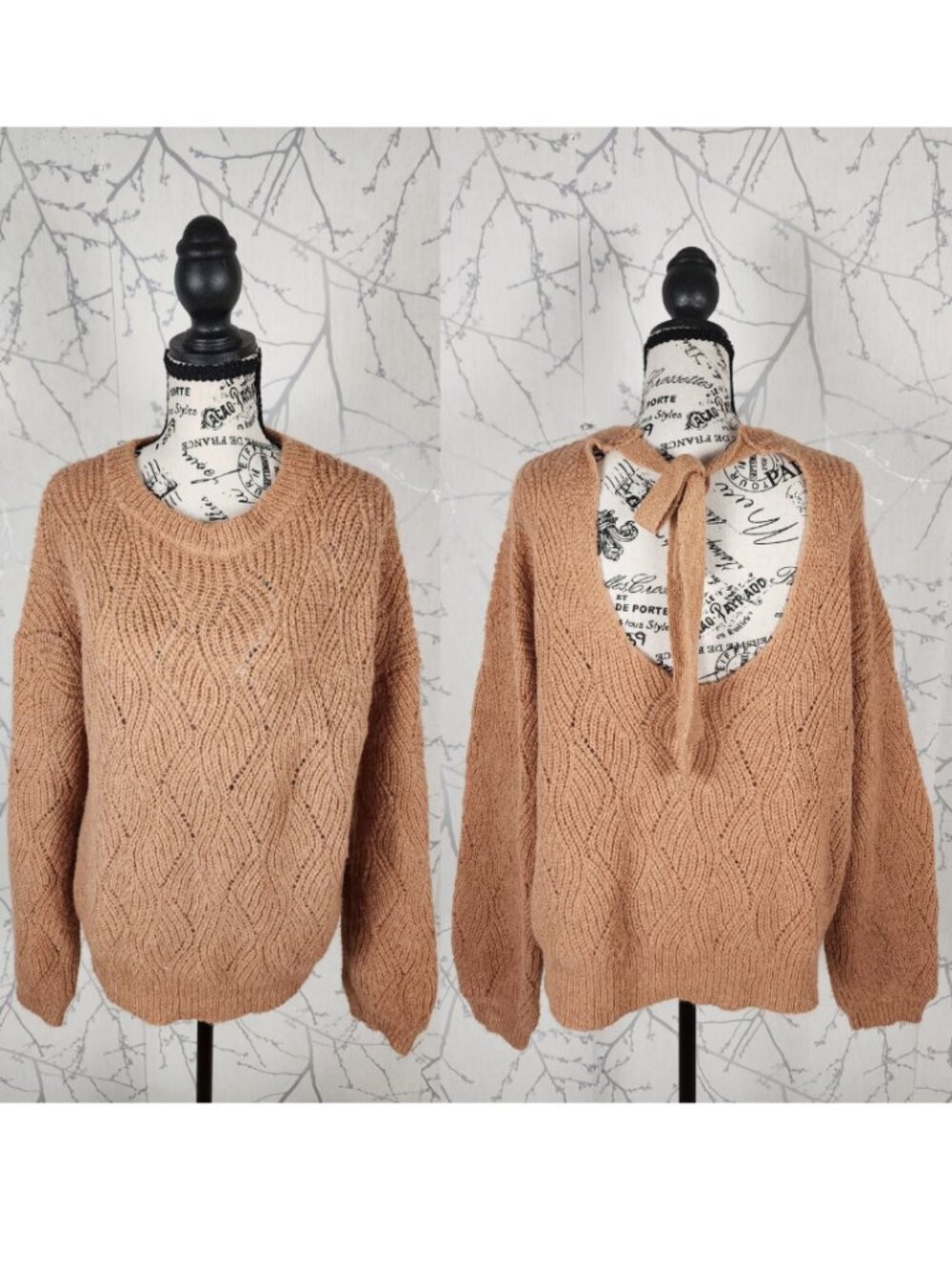 Oliver Bonas Pale Orange 22% Alpaca Eyelet Knit Scoop Back Sweater